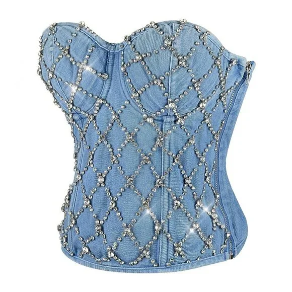NEW Sparkling Bling Swarovski Crystal Rhinestone Denim Jeans Bustier Bra…